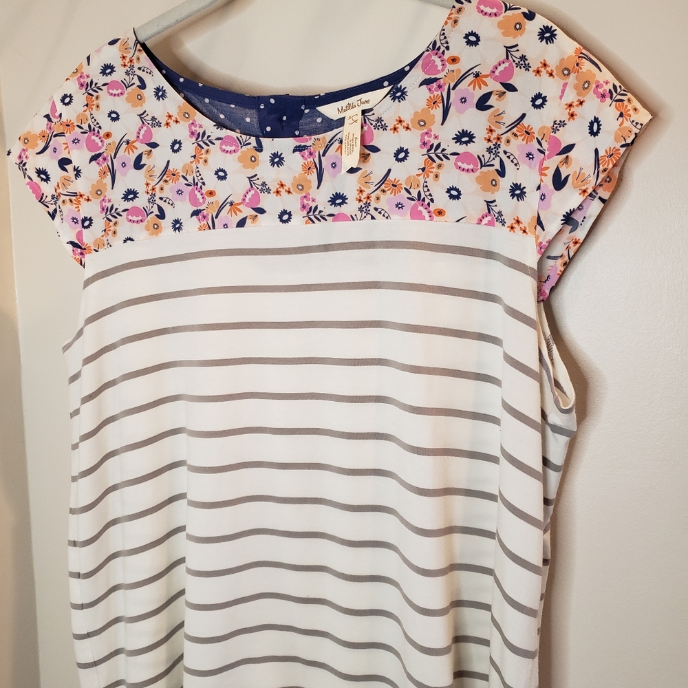 Matilda Jane White and Gray Striped Short Sleeve Tee with Floral Yoke